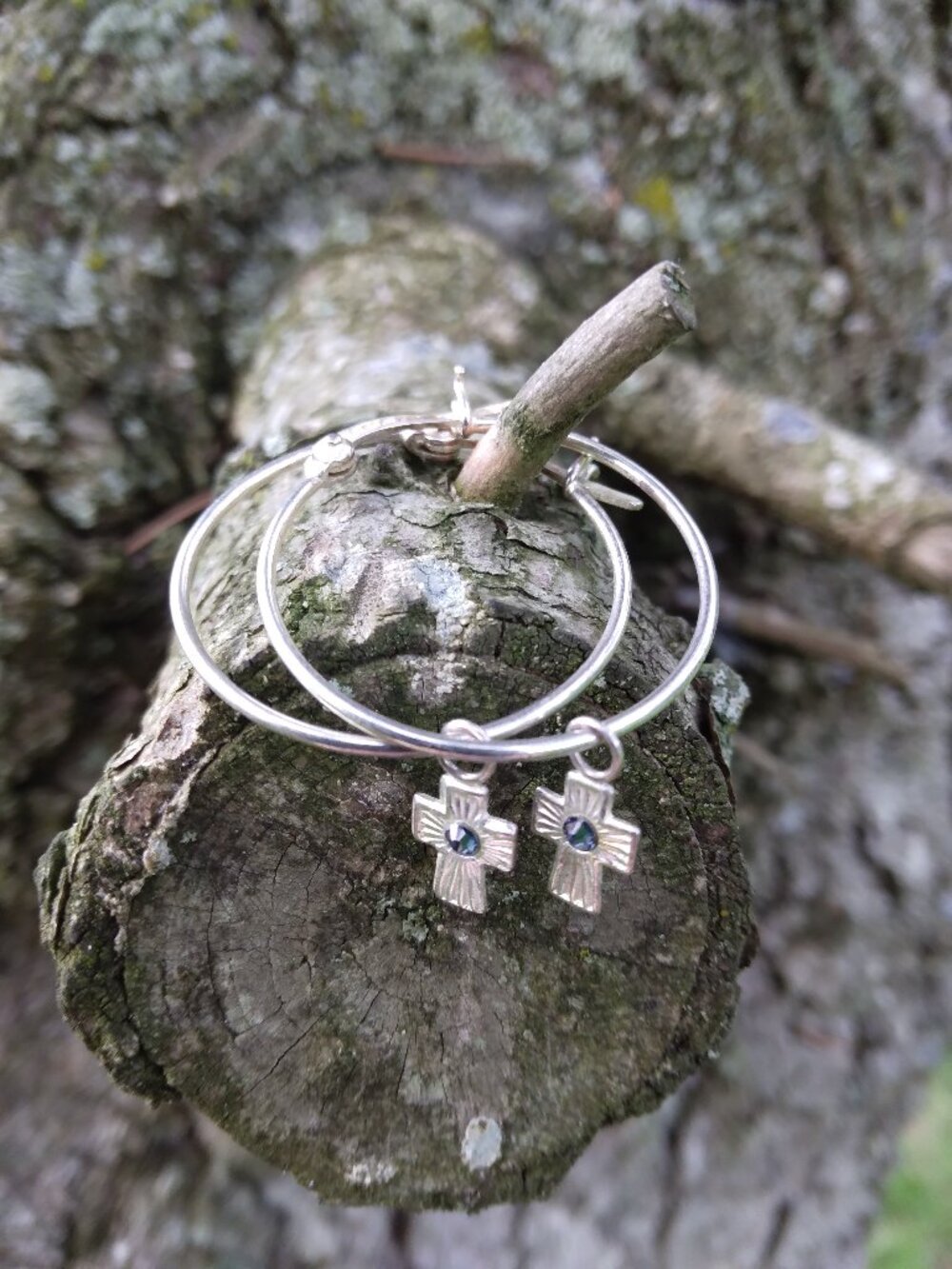 Sterling Silver Hoop Earrings with Cross Charms